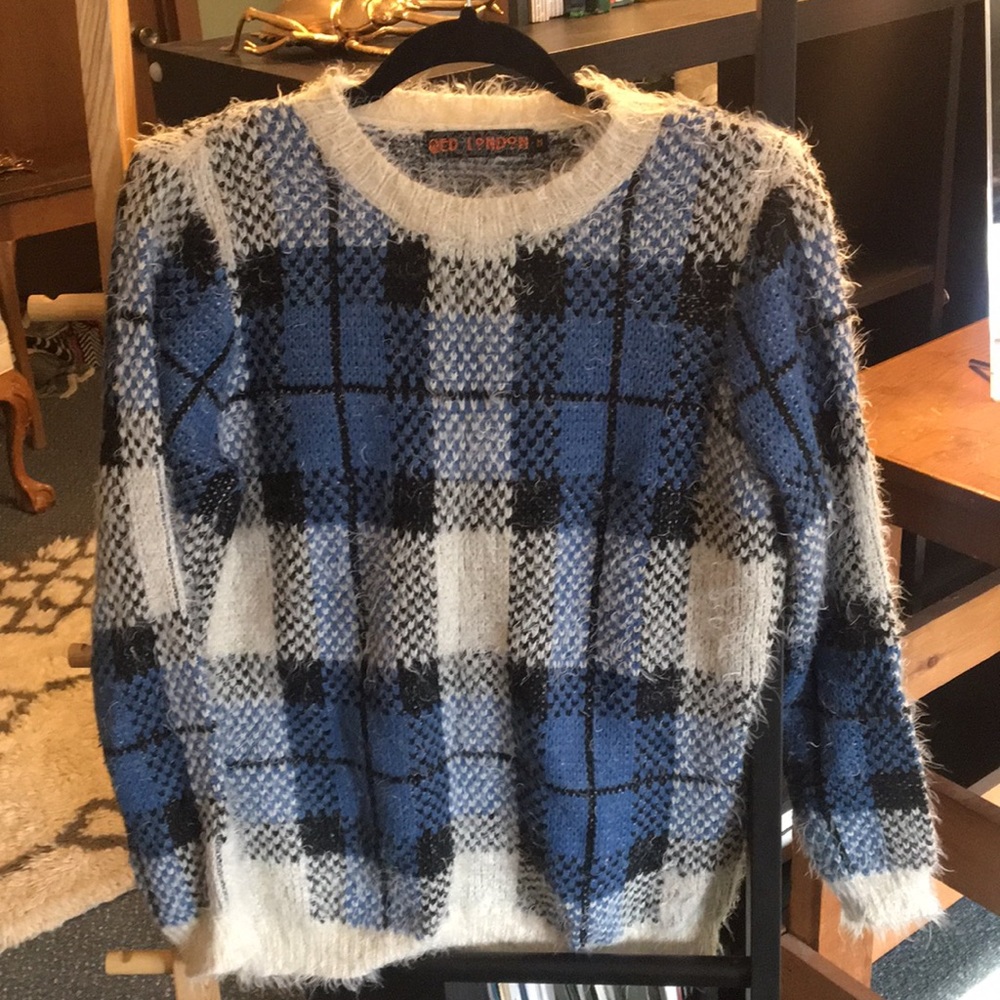 Qed London fuzzy plaid sweater